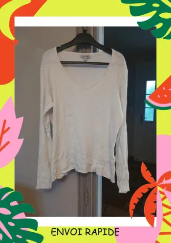 Pull col V blanc  côtelé taille 38