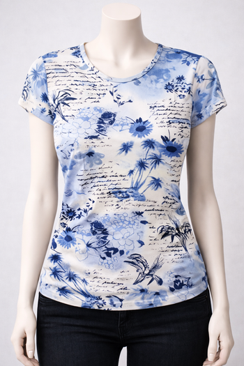 T shirt imprimé blanc et bleu Taille 38-40 Damart 100 % coton