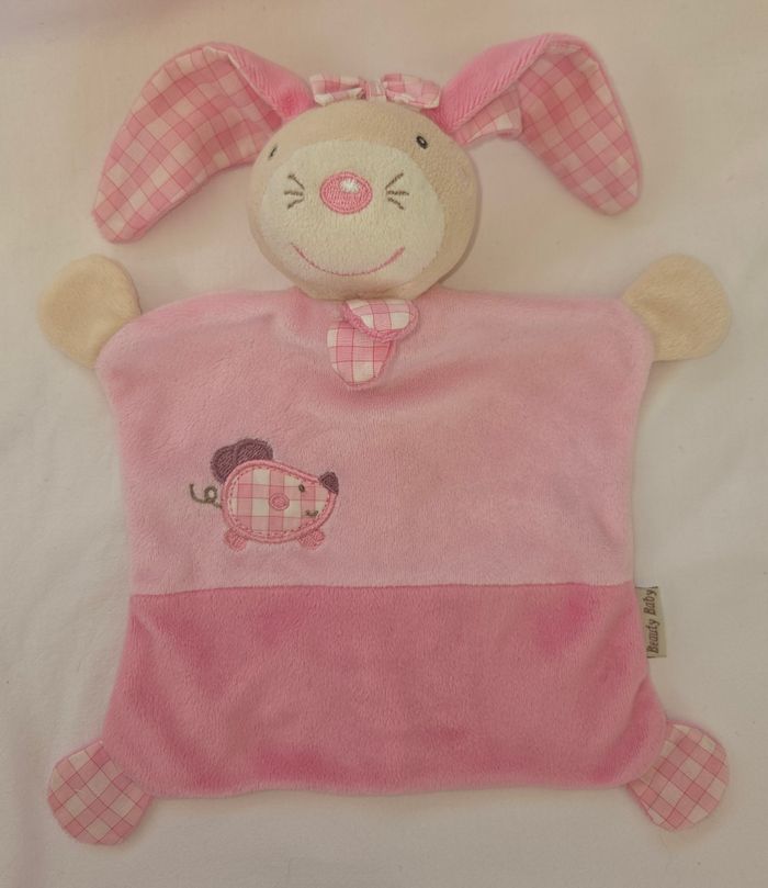Doudou Lapin grelot plat rose et vichy- souris - Beauty baby