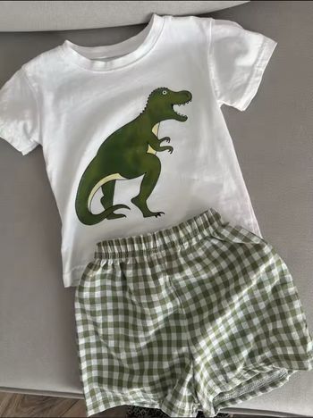 Ensemble enfant neuf - T-shirt dinosaure + short carreaux - Taille 90 (2-3 ans)