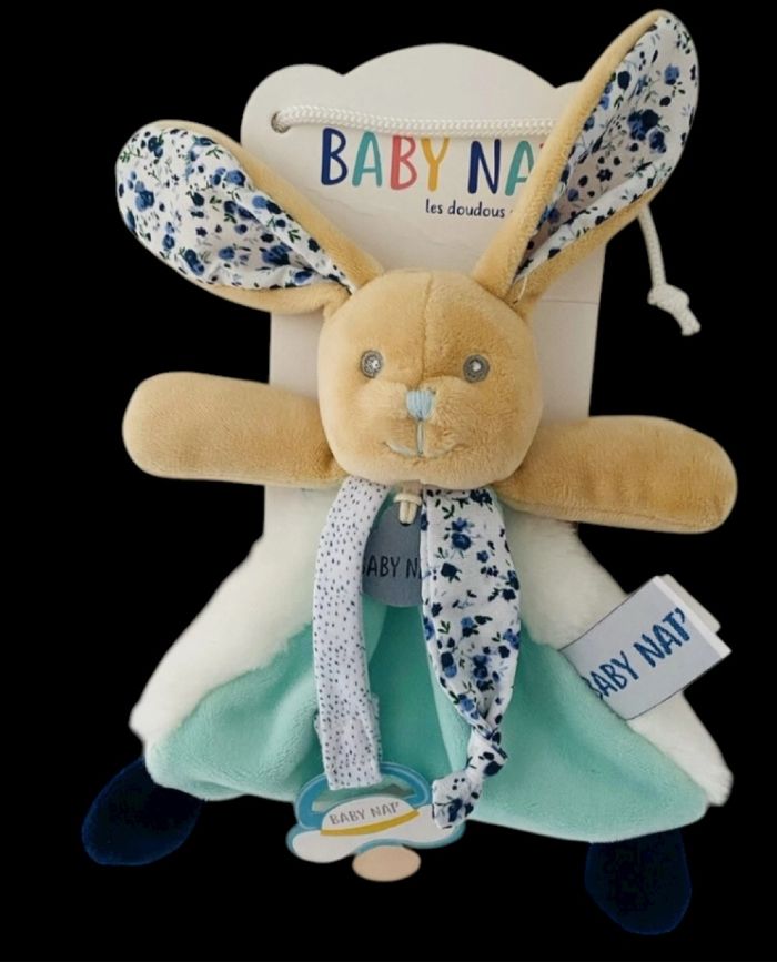 ❤️B4117 Doudou Plat BABY NAT Babynat Lapin POUPI  Bleu blanc attache tétine fleur
