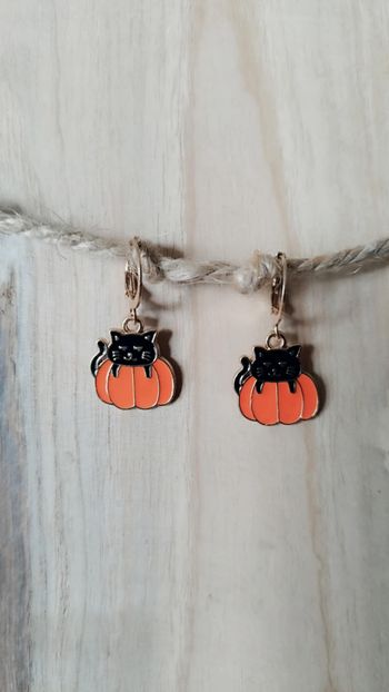 🎃 Boucles d’Oreilles Halloween Chat Noir & Citrouille 🎃
