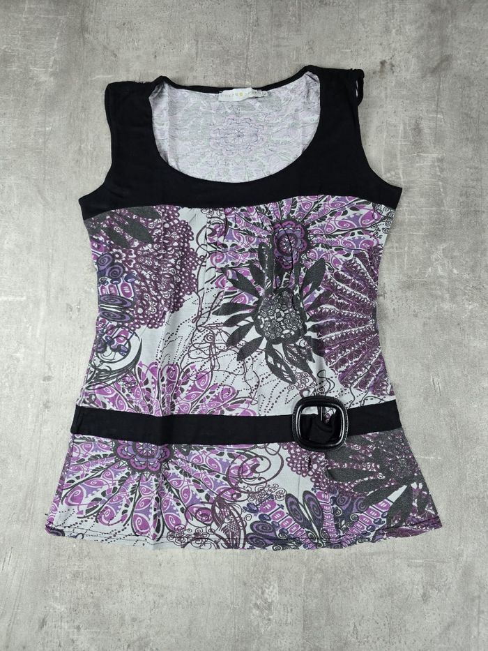 Débardeur Tunique Cache Cache Imprimé Violet Noir Ceinturé