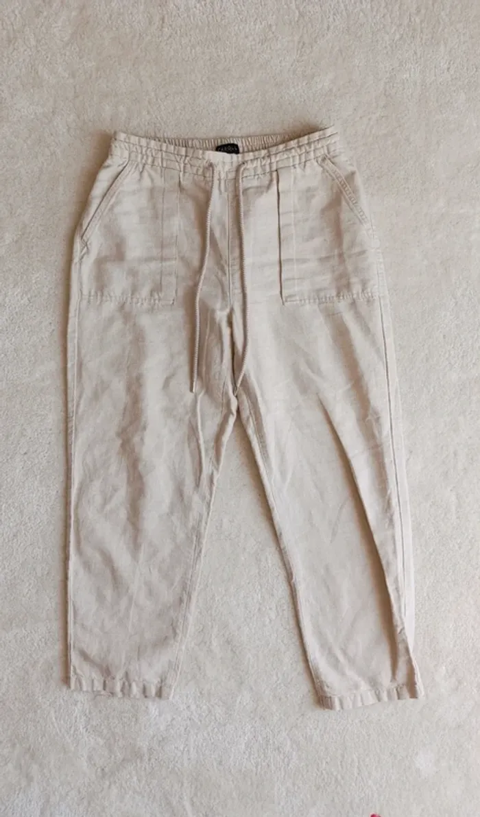Pantalon Caroll beige crème en lin et coton 38 neuf taille élastique avec cordons - photo numéro 6