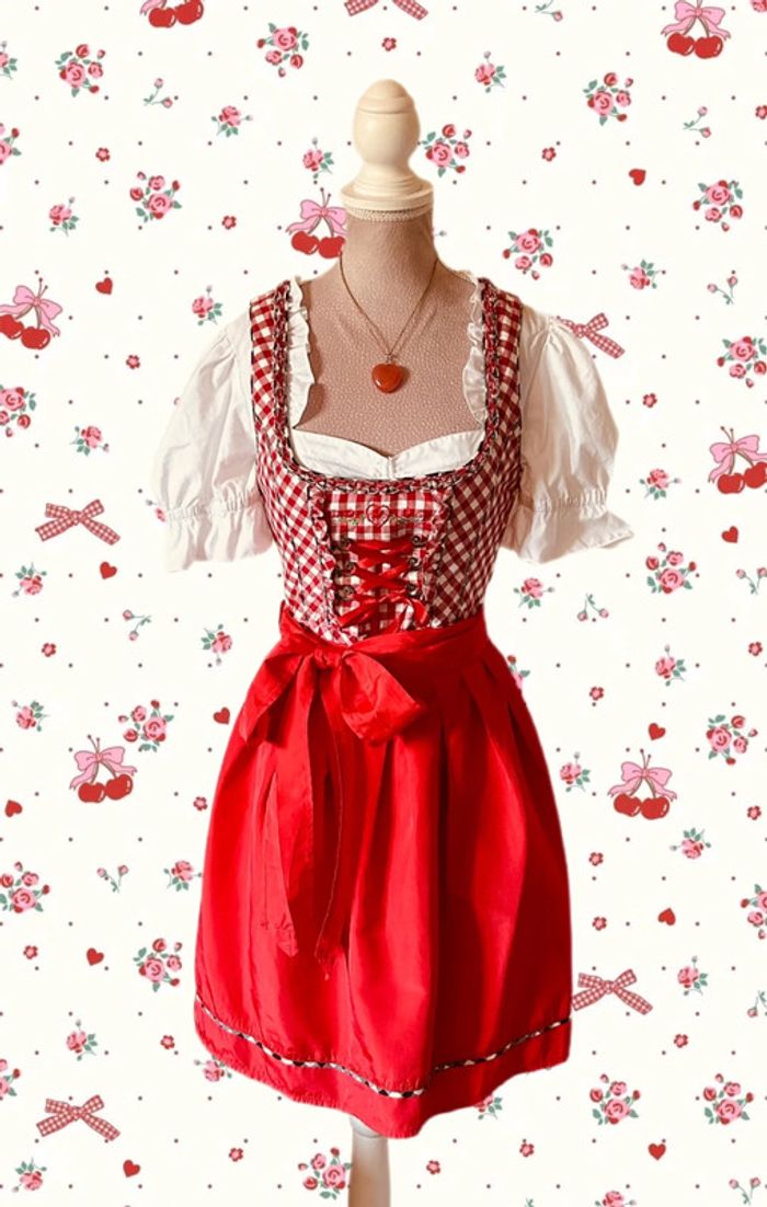 🍒Jolie robe traditionnelle autrichienne cottagecore dirndl red gingham austrian dress🍒