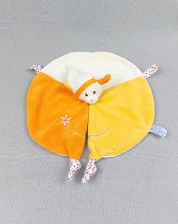 Doudou plat rond ours bonnet GIPSY orange jaune crème tissu blanc pois fleur