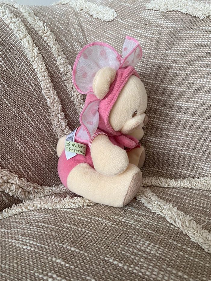 Peluche doudou 22cm Fisher price ours beige et rose à capuche fleur pétale très bon état - photo numéro 2