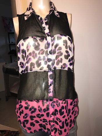 Blouse sans manches voile noir et léopard flashy taille S neuve