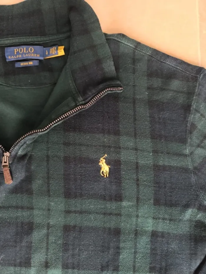 Pull quart Zip homme écossais L Ralph Lauren vert motif carreaux logo jaune excellent état - photo numéro 3