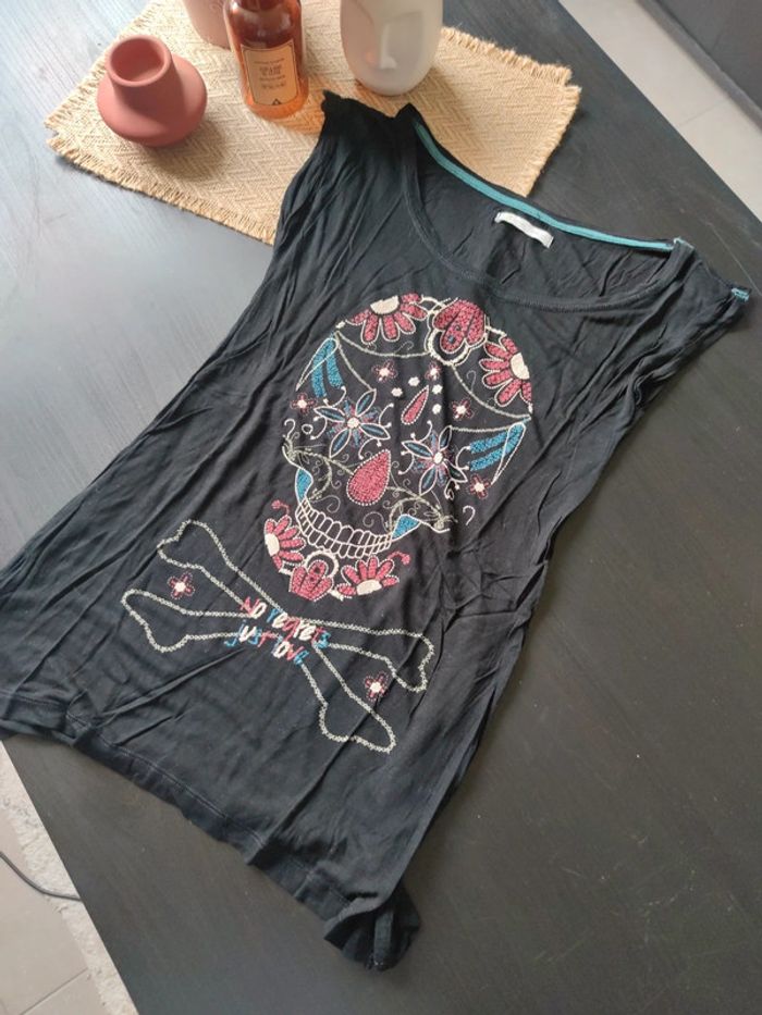 Tee shirt noir motif tête de mort mexicaine