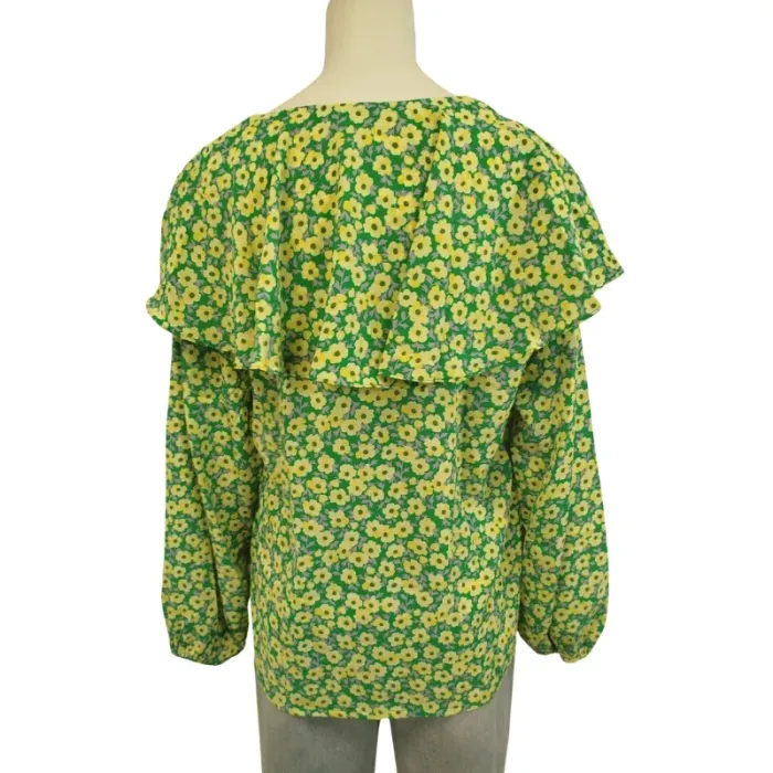 Blouse légère manches longues à volants col en V volanté fleurs jaune et vertes A - photo numéro 3