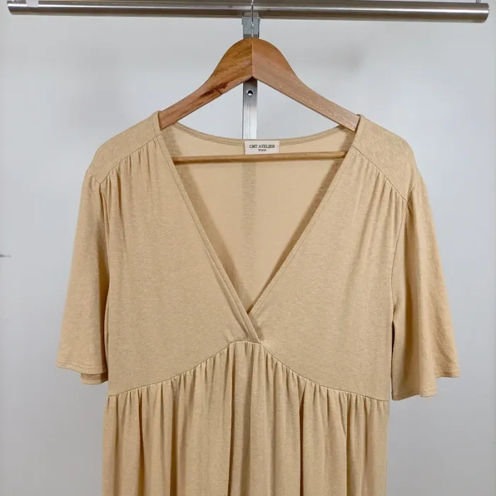 Robe longue beige CMT Atelier col cache-cœur manches courtes fluide T38 coton élasthanne A1260 - photo numéro 2