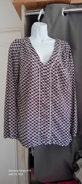 Blouse fluide manches longues col V motif fleurs liseré argenté noir femme L m&s mode