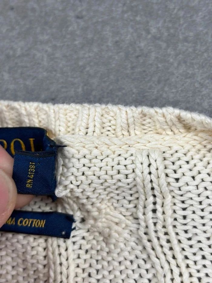 Pull d’hiver torsadé en maille pima Cotton blanc crème logo bleu marine col V taille M femme - photo numéro 8