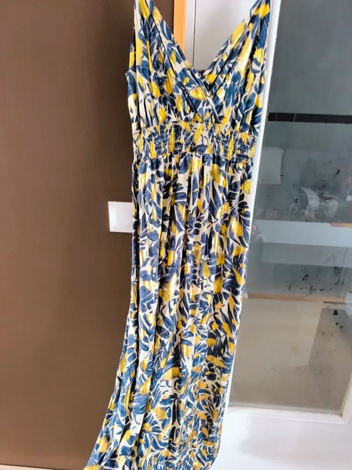 Robe longue imprimée tropicale bleue marine et beige femme 40/42 - photo numéro 12