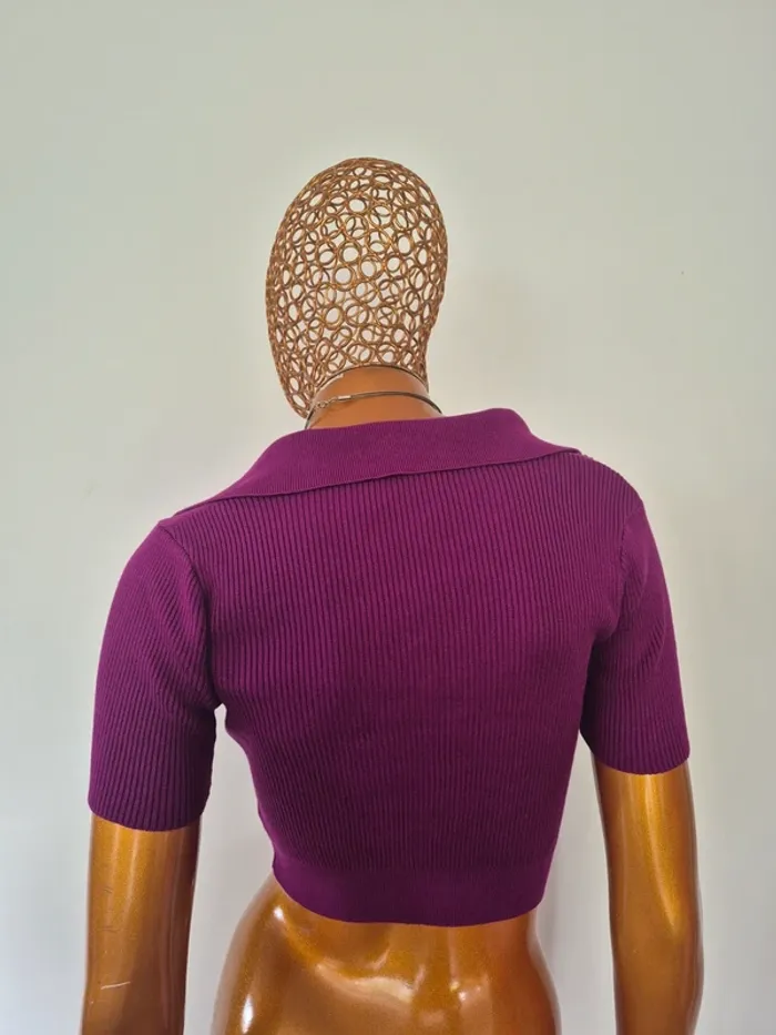 Top Court Col V Manches Courtes Violet Femme Taille S/M - photo numéro 2