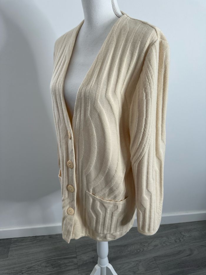 Cardigan texturé beige crème en laine vierge Devernois Paris Vintage T44 XXL - photo numéro 4