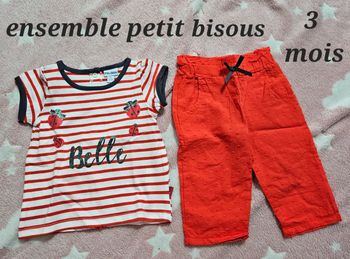 Ensemble tee-shirt et pantalon marque petit bisous taille 3 mois. "Belle" avec des coccinelles. Neuf