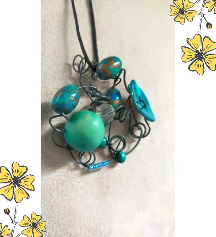Collier fait main vintage – Fil noir & perles turquoise - Collection Brume Bleue - photo numéro 5