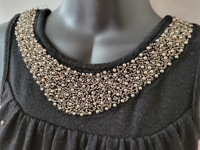 Débardeur Pull noir femme tunique collier perles Or S fête Noel - photo numéro 3