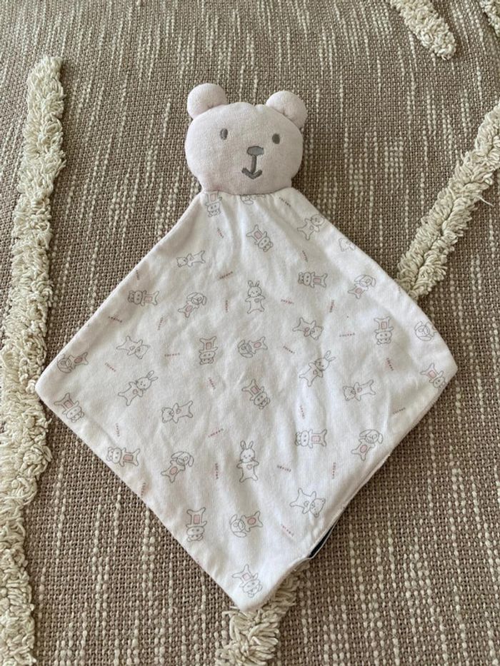 Peluche doudou plat 30cm cocoon ours rose et blanc très bon état