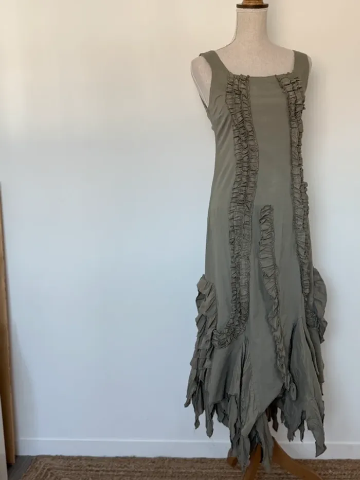 Robe longue kaki femme bretelles été volant L33 coton zip midi woman donna mujer S M - photo numéro 4