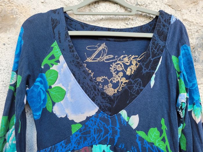 Superbe robe boule Desigual, tons bleus et verts, manches longues, taille M (40) - photo numéro 4