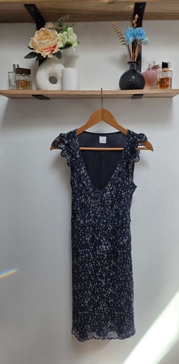 ​Camaïeu Robe Courte Chiffon Plissée Manches Volants Bohème Marine M 38