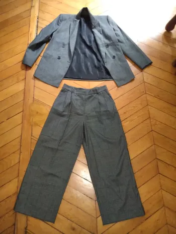 Tailleur Zara T.S 36 – Veste oversize & pantalon jambe large taille haute, gris chiné