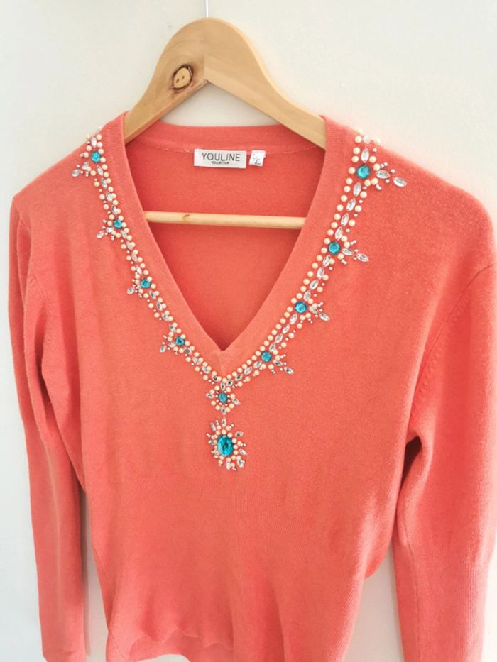 Pull bijoux strass mélange coton printemps été corail style vintage L 40 - photo numéro 2