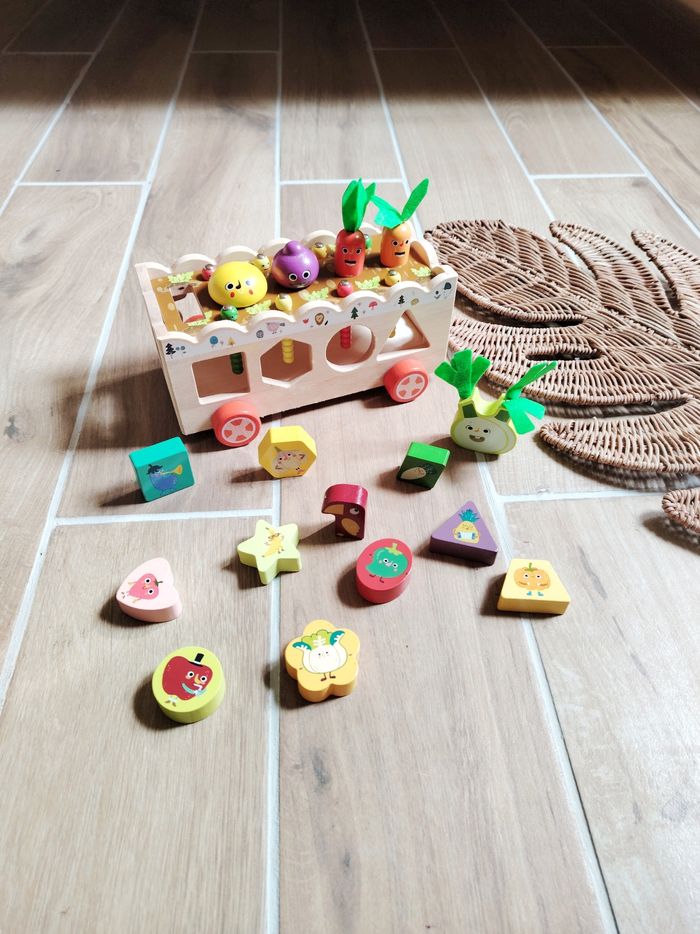 🥕Camion d'éveil multi activités 3 en 1 potager et animaux boîte à formes en bois
