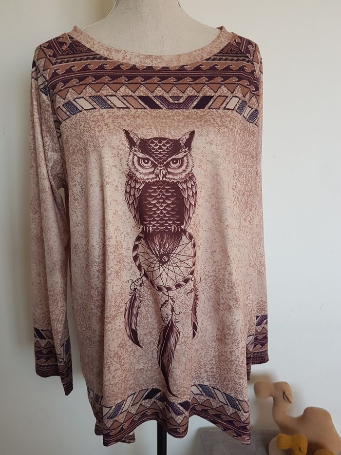 T-shirt long tunique tons marrons et beiges. Taille XL 42, 57cm aux aisselles, 70cm de haut.