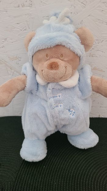 Doudou ours bleu bonnet coccinelle brodée NICOTOY