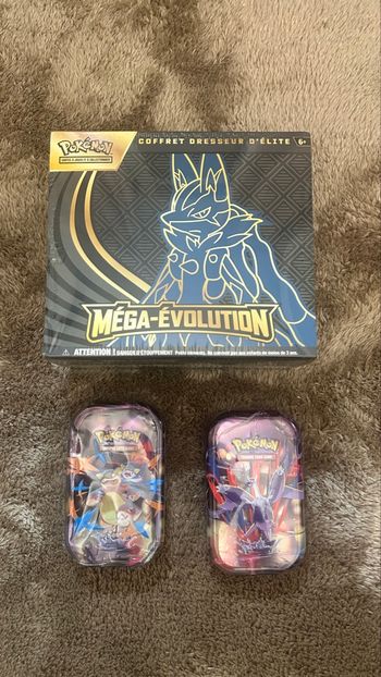 Lot d’une ETB ME01 Mega Lucario et 2 Mini Tin Mega Latias et Mega Kangourex