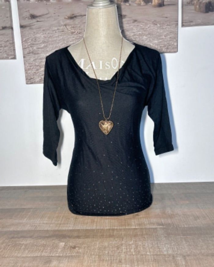 Pull noir manche 3/4 strass argenté taille 34/36 xs/s 123