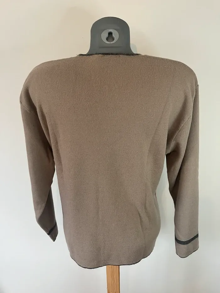 Pull 3/4 marron clair Griffon – fleurs en relief, perles décoratives, laine & acrylique, taille 6 - photo numéro 5