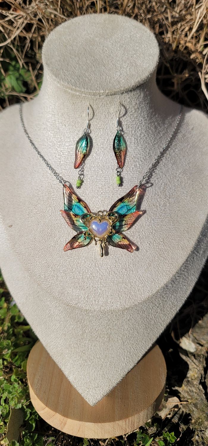 Parure elfique ensemble collier et boucles d'oreilles en argent aile de fée papillon - photo numéro 2