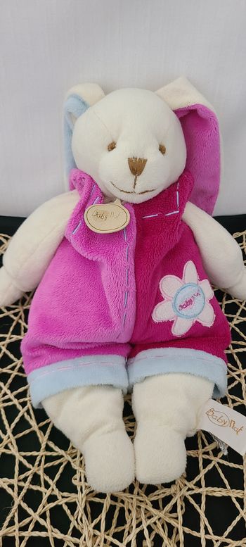 Doudou lapin blanc salopette rose bleu fleur BABY NAT