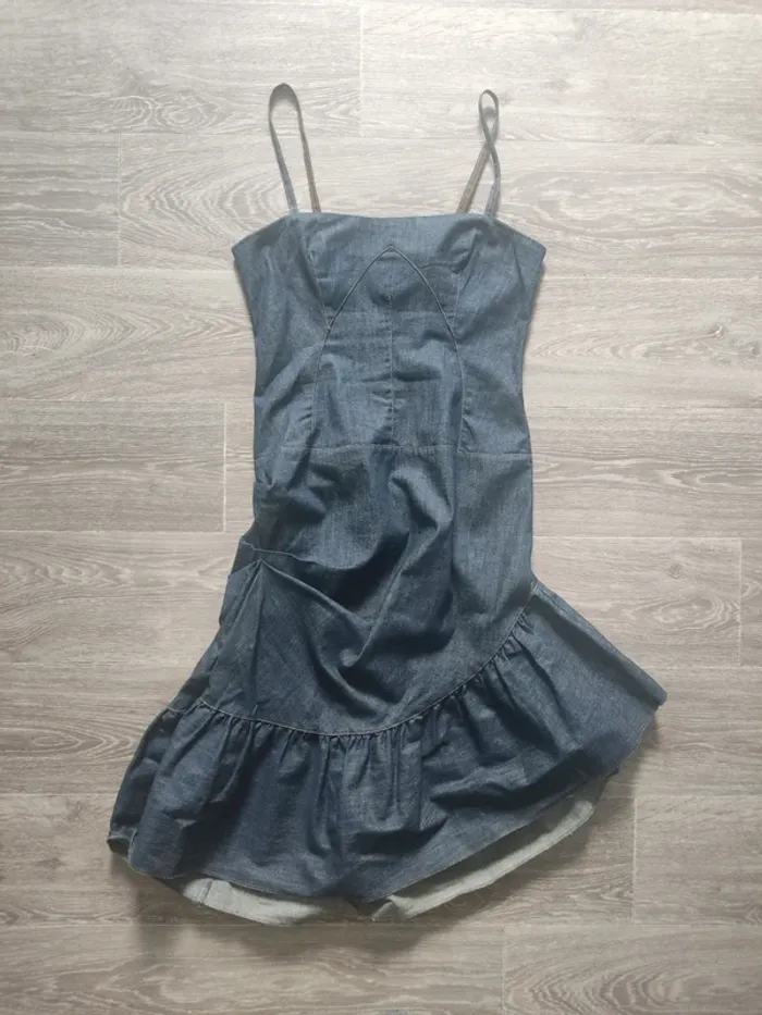 Robe asymétrique et froncée à bretelles en jeans bleu marine vintage taille 38 Christian Lacroix - photo numéro 9