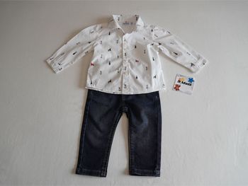 Ensemble Mayoral 9 mois : Pantalon en Jean + Chemise blanche fantaisie