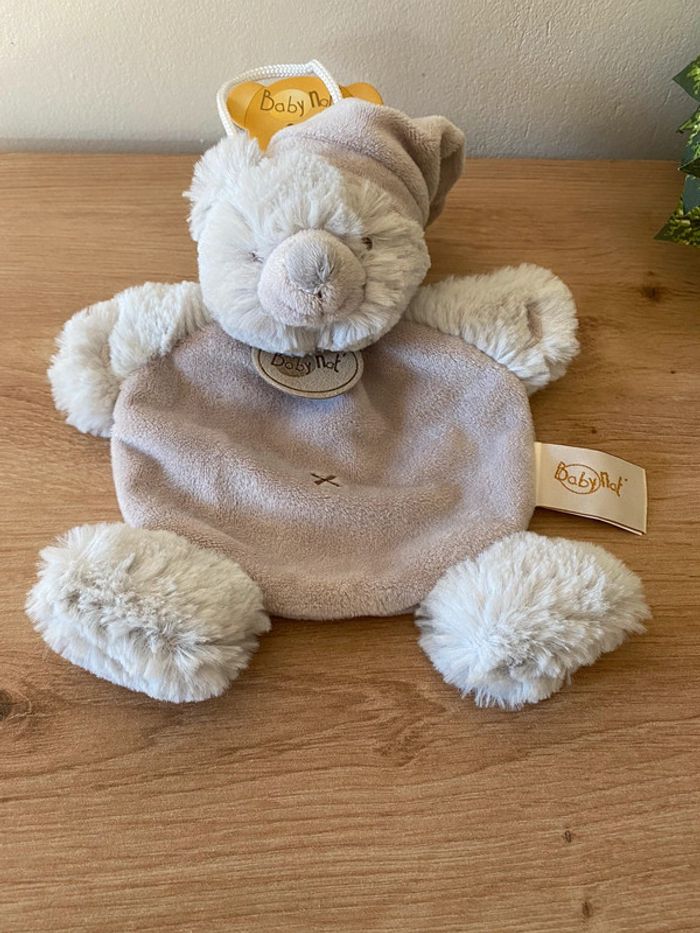 Doudou plat ours bonnet gris croix centre baby nat neuf - photo numéro 2