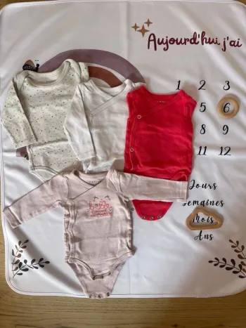 Lot de 4 bodies manches longues pour bébé fille, taille 9 mois.