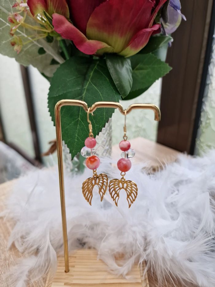 Boucles D'oreilles Ailes Acier Perles Calcedoine - photo numéro 3