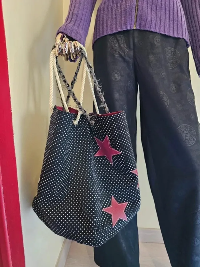 Sac cabas unique fait main – Patchwork denim, zèbre & pois – Style vintage original