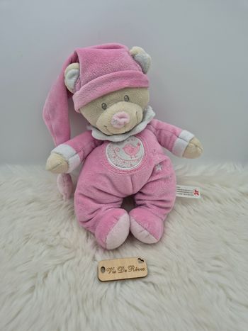 Doudou ours rose bonnet oiseau Nicotoy