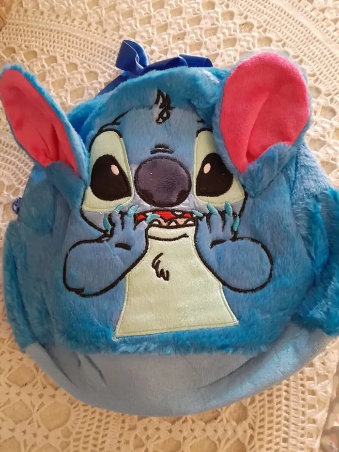 Sac à dos en tissus(style peluche) Stitch, pour enfant, bleu