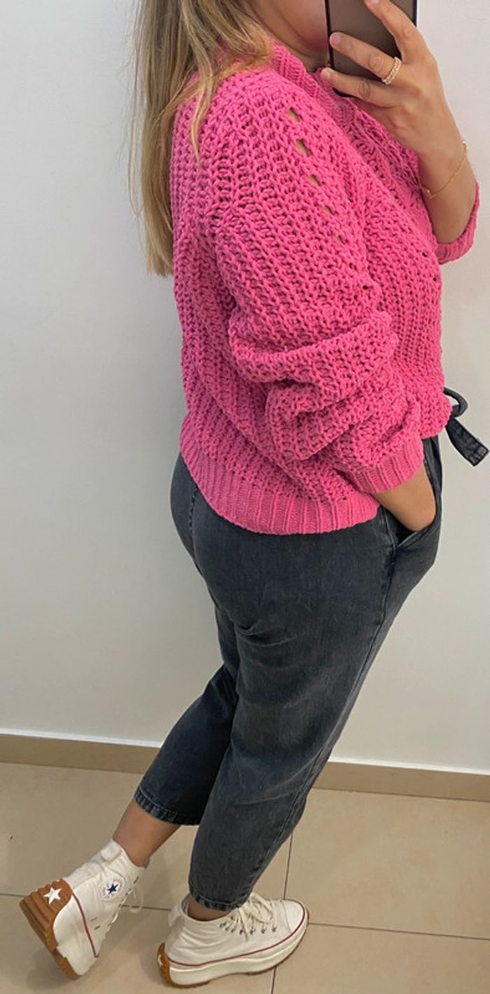 Superbe Pull Ample Rose Maille Chenille Ajourée Taille S Et Plus - photo numéro 7