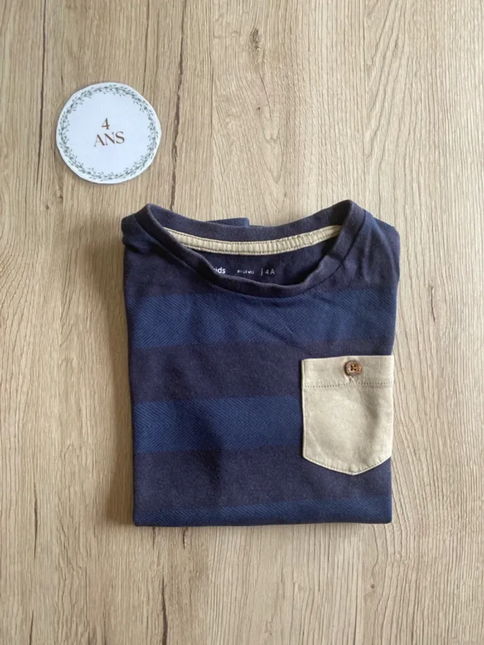 Tee-shirt manche courte rayé bleu poche crème garçon 4 ans Gémo - photo numéro 5