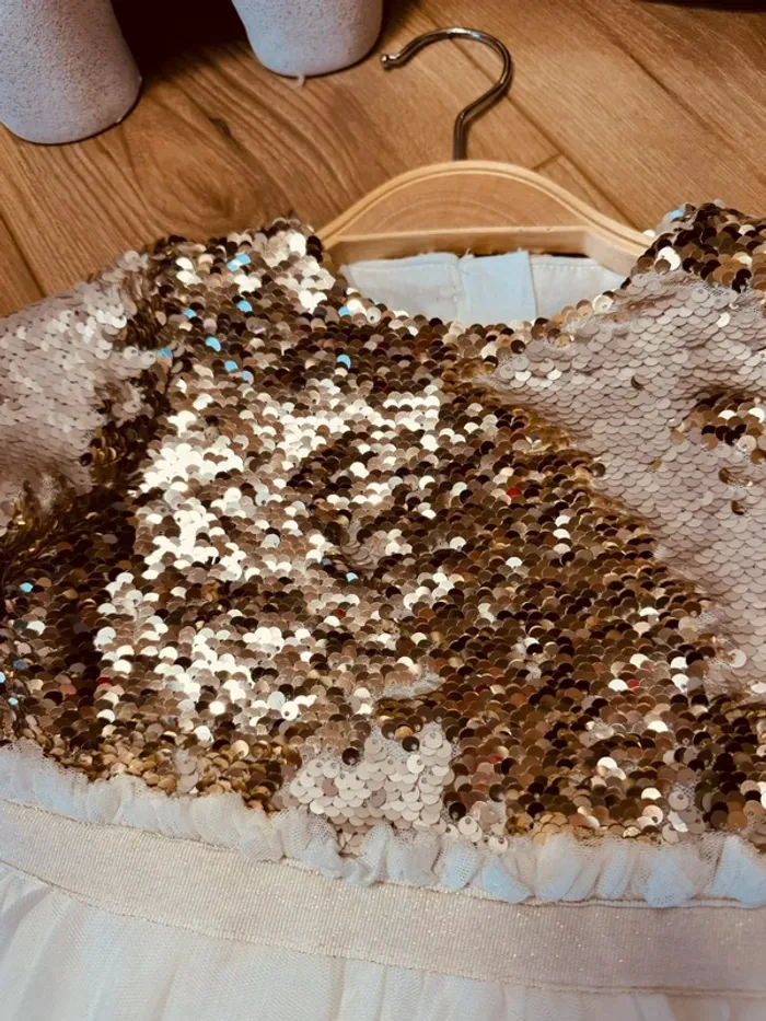 Taille 3-4 ans robe longue créateur fille TAO blanche doré * sequins réversibles tulle * 💞 - photo numéro 4