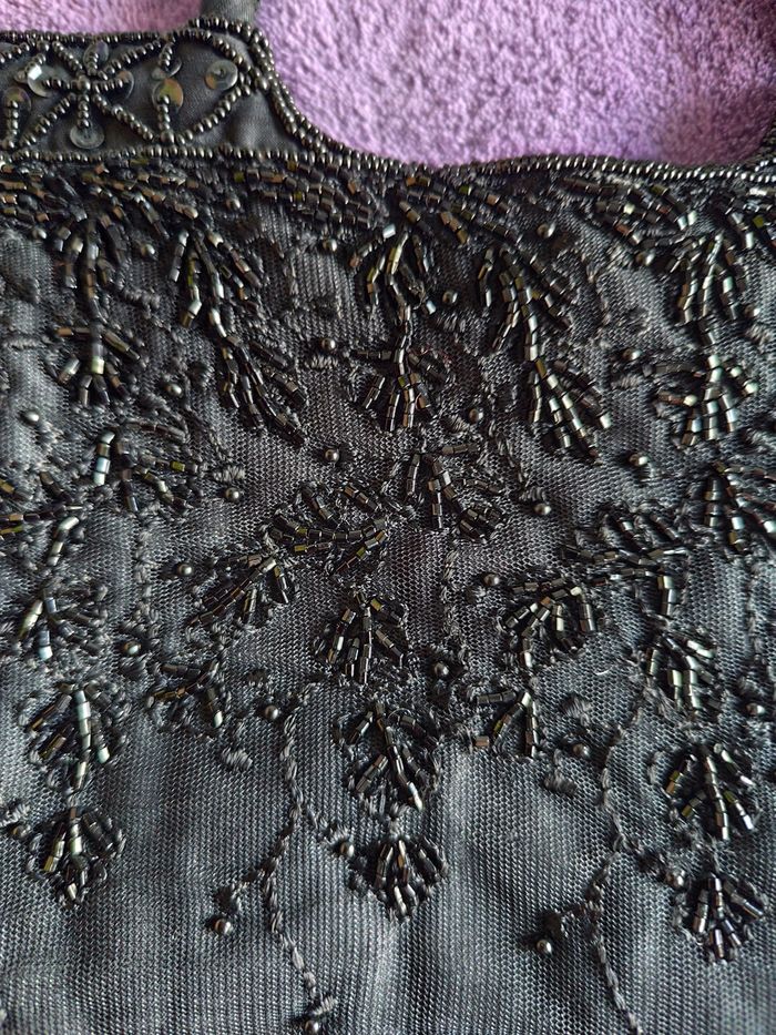 Petit sac à main vintage tissu brodé fermeture anse noir pampille perle sequin - photo numéro 2